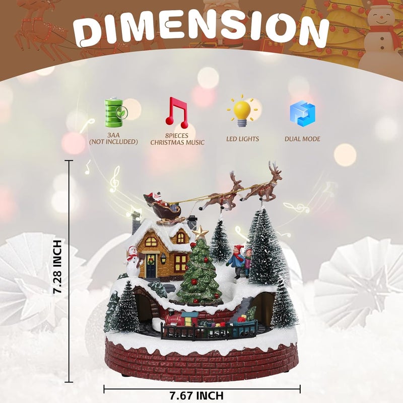 Vipush Christmas Village House Decorations Resin Train Set with Flying Santa Home Decor Indoor Building Figurines Revolving Train with LED Light and 8 Christmas Music for Kids - Image 3